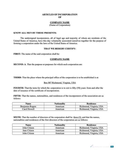 Download USA Virginia articles of incorporation Word and PDF template Photoshop template